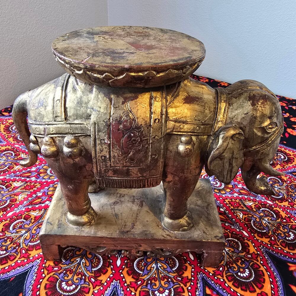 Vintage Carved Asian elephant Stand, Wood, red Lacquer and gold